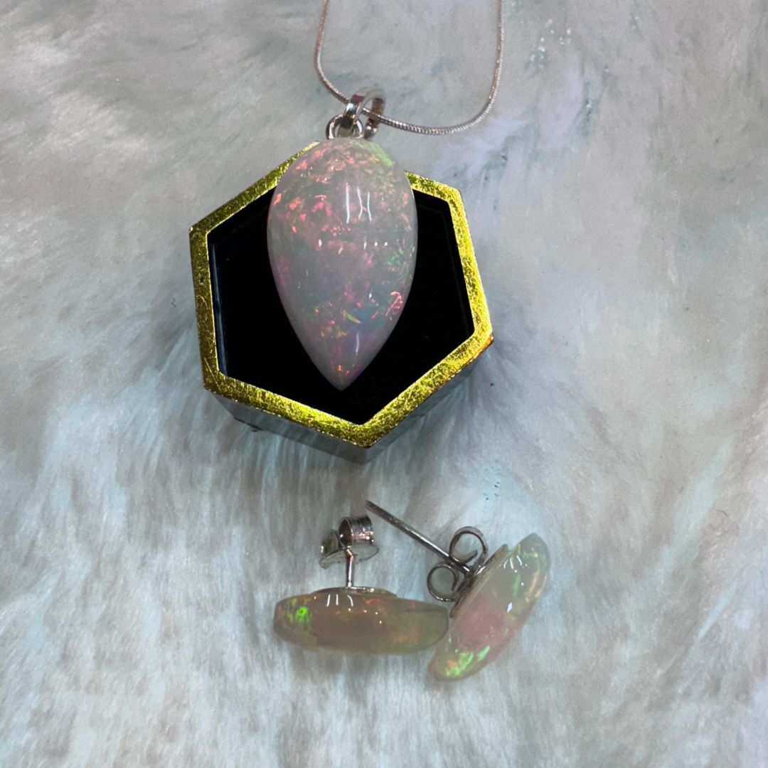 Ethiopian Opal Pendant & Earrings Set in 925 Sterling Silver