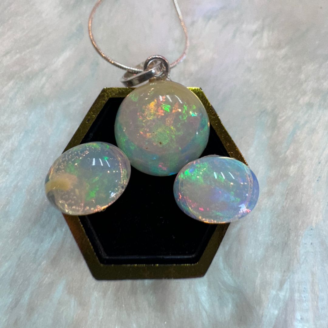 Ethiopian Opal Pendant & Earrings Set in 925 Sterling Silver