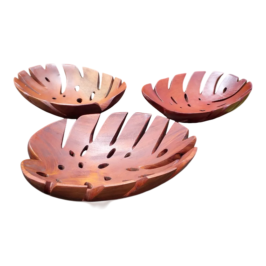 Handcrafted Monstera design wooden bowl made from solid mahogany