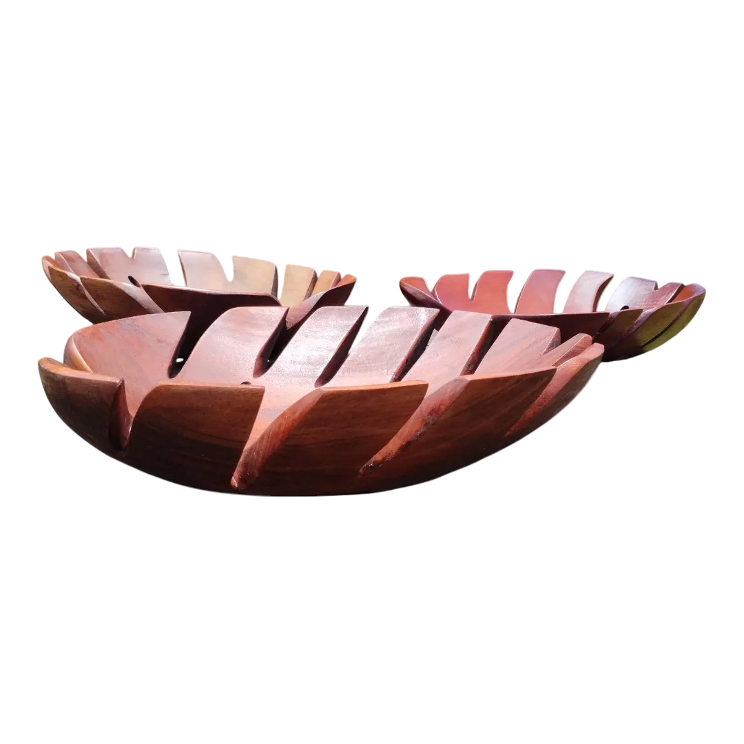 Handcrafted Monstera design wooden bowl made from solid mahogany